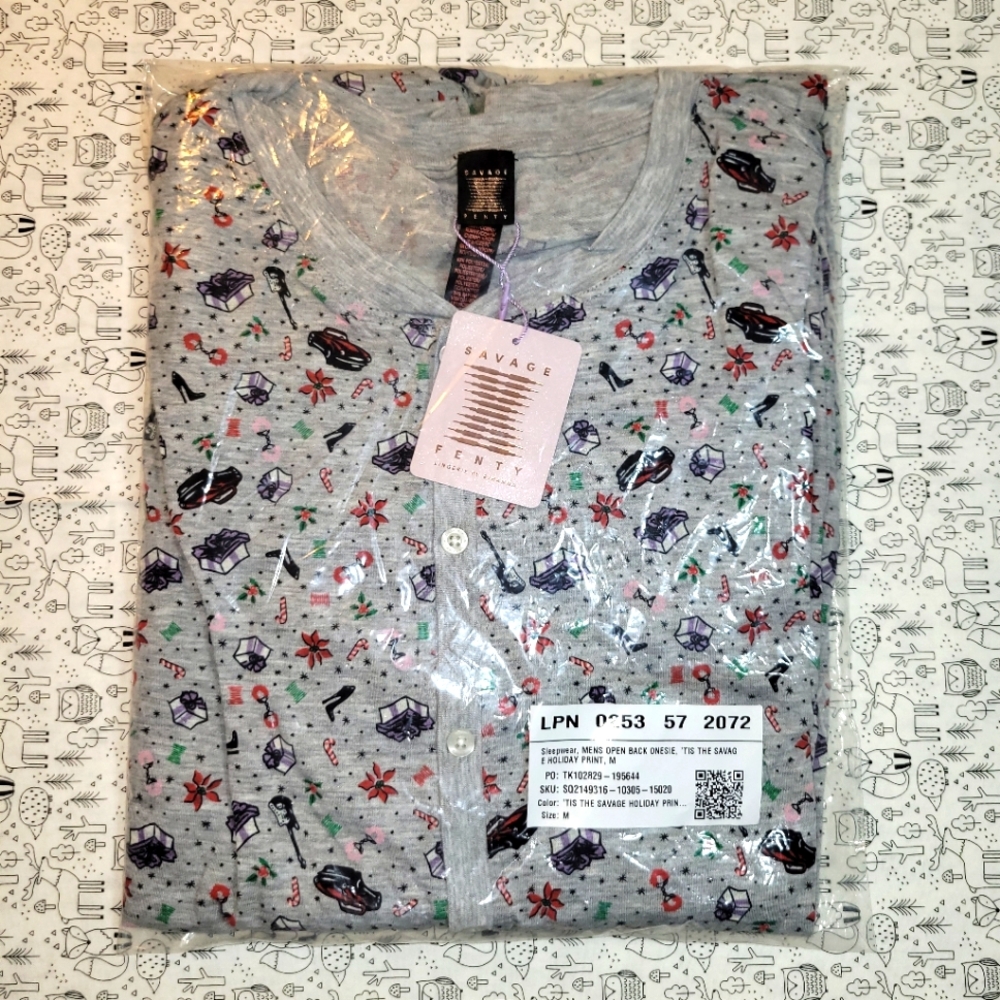 Savage x Fenty NWT 'Tis the Savage Season Onesie, size M, Holiday Print